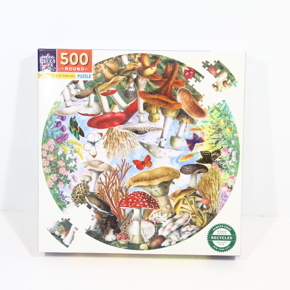 Eeboo Puzzle 500 Pieces Mushrooms and Butterflies Round Nature Complete
